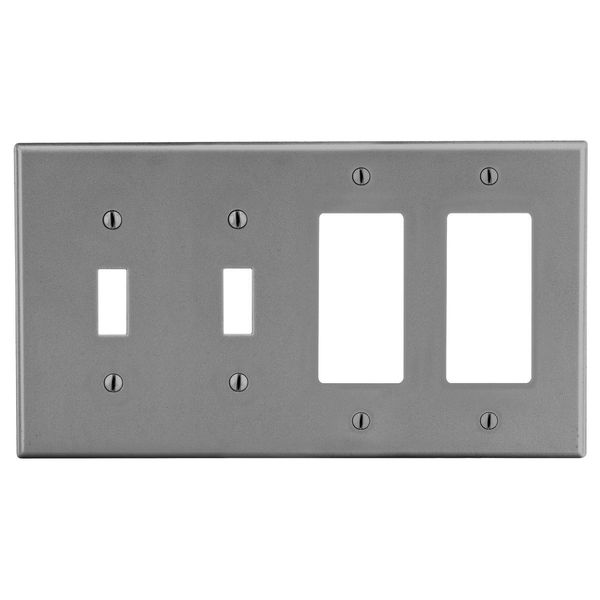 Hubbell Wiring Device-Kellems Wallplate, 4-Gang, 2) Toggle 2) Decorator, Gray P2262GY